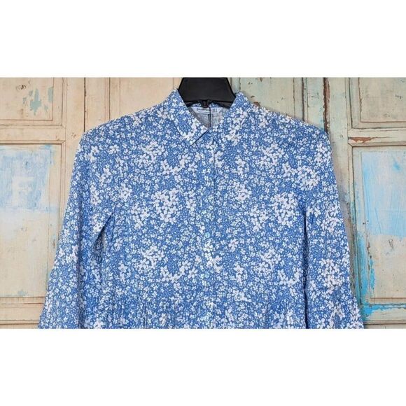 Stradivarius Womens Small Blue Floral Bishop Sleeve Ruffle Hem Mini Shirt Dress - Picture 2 of 8